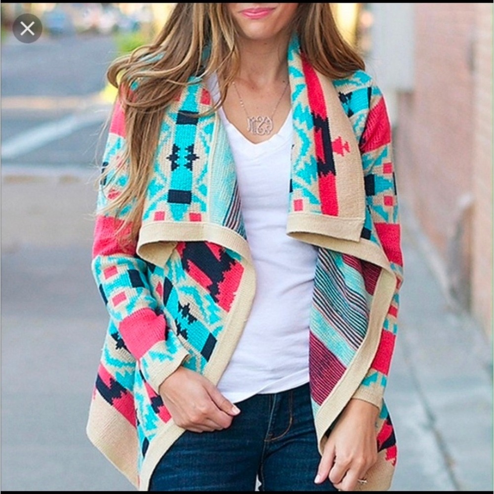 KATE collection Geometric Aztec Print Open‎ Front Cardigan Sweater Size S